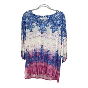 Chico's Size 2 US L Filigree 100% Linen Knit V-‎ Neck Tunic Top Roll Tab Sleeves